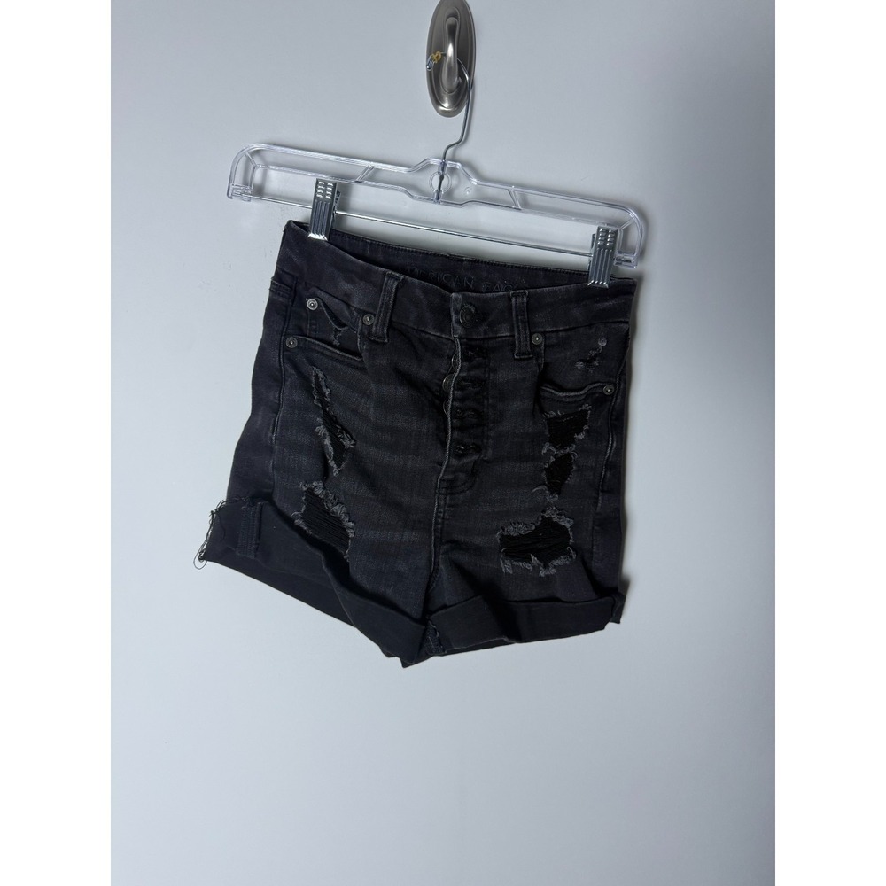 American Eagle Outfitters High-Rise Distressed Black Denim Women's 2 Mom Shorts